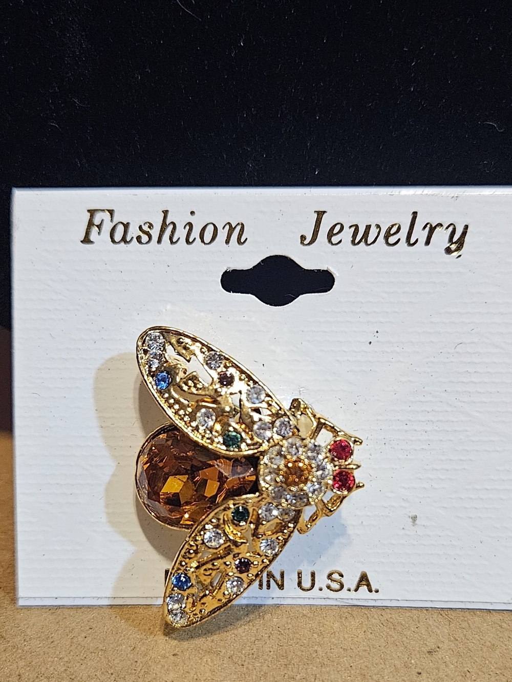 Gold-tone BEE INSECT Brooch W/Multi-Colored Crystals-Amber Faceted Stone - NEW